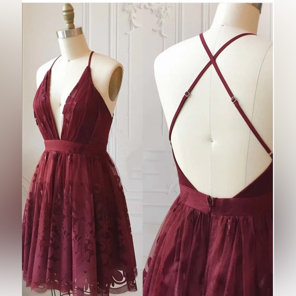 Burgundy Lace Tulle Cocktail Dress Medium